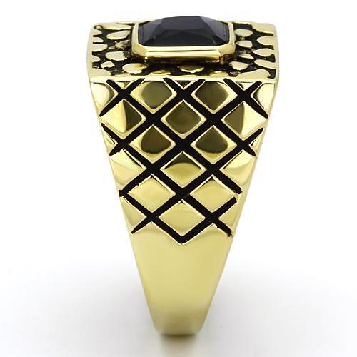 Men's stainless steel ring with synthetic Montana glass centerpiece and IP gold finish, showcasing modern elegance.