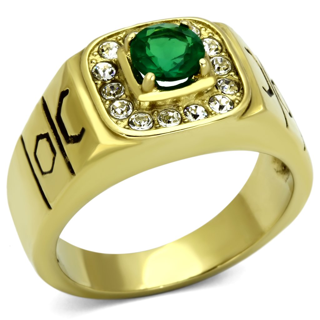 Men's stainless steel ring with synthetic emerald glass and IP gold plating, showcasing a modern and elegant design.