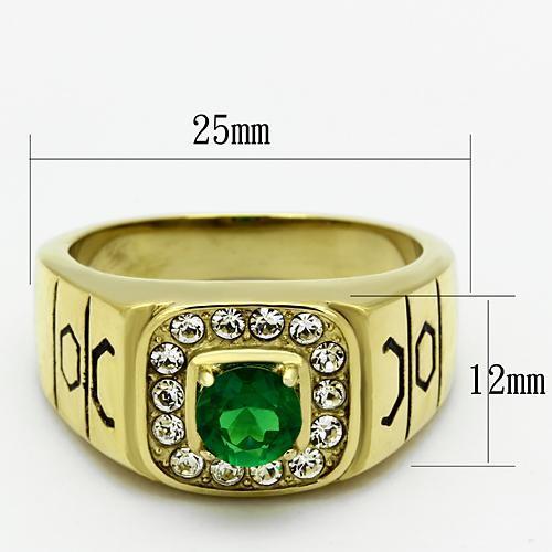 Men's stainless steel ring with synthetic emerald glass and IP gold plating, showcasing a modern and elegant design.