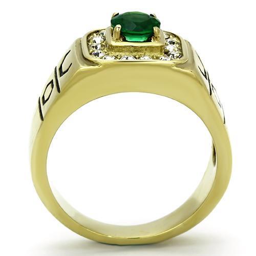 Men's stainless steel ring with synthetic emerald glass and IP gold plating, showcasing a modern and elegant design.