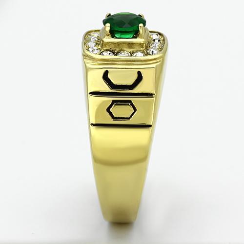 Men's stainless steel ring with synthetic emerald glass and IP gold plating, showcasing a modern and elegant design.