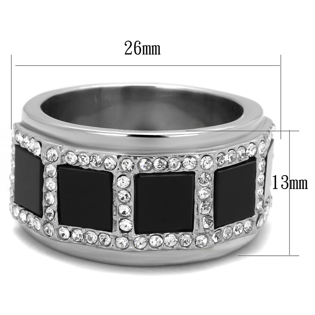 Men's stainless steel ring featuring a synthetic jet onyx stone, high polished finish, and sleek design.