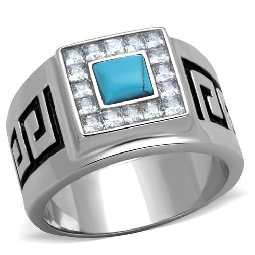 Men's stainless steel ring featuring synthetic turquoise in a vibrant sea blue color, high polished finish for added shine.