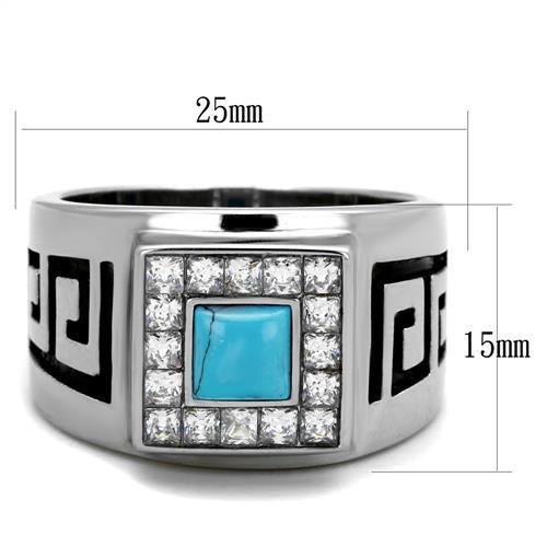 Men's stainless steel ring featuring synthetic turquoise in a vibrant sea blue color, high polished finish for added shine.