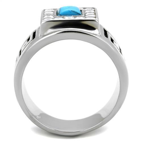 Men's stainless steel ring featuring synthetic turquoise in a vibrant sea blue color, high polished finish for added shine.