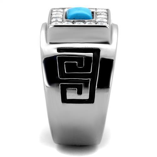 Men's stainless steel ring featuring synthetic turquoise in a vibrant sea blue color, high polished finish for added shine.