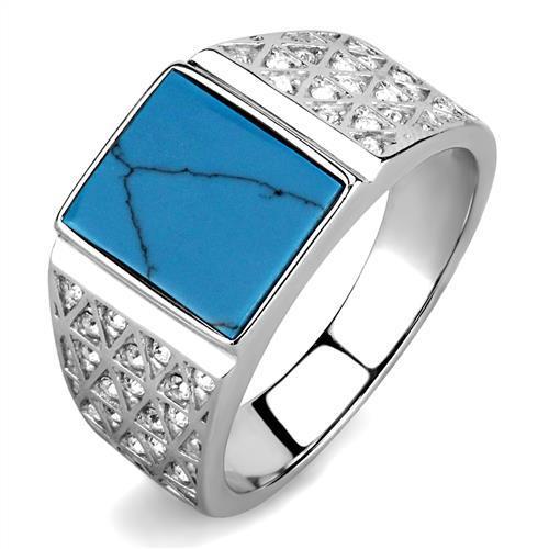 Men's stainless steel ring featuring synthetic turquoise in a vibrant sea blue color, showcasing a high polished finish.