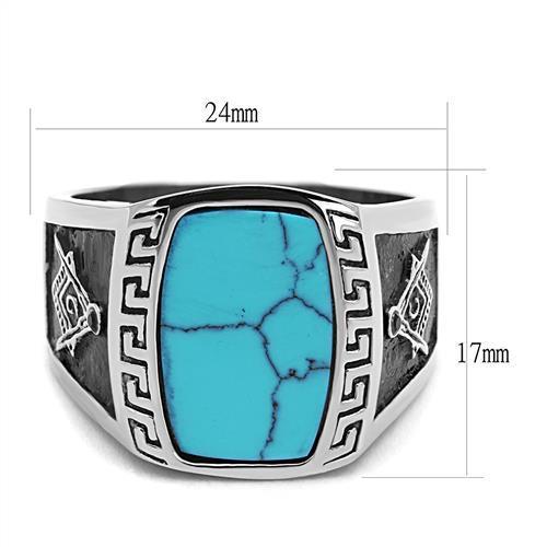 Men's stainless steel ring featuring synthetic turquoise in a vibrant sea blue color, showcasing a high polished finish.