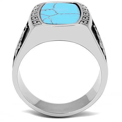 Men's stainless steel ring featuring synthetic turquoise in a vibrant sea blue color, showcasing a high polished finish.