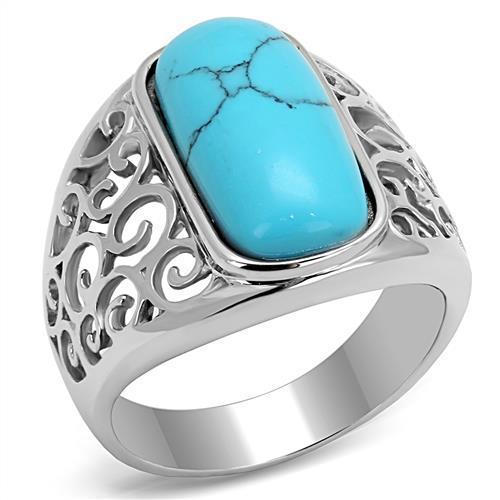 Men's stainless steel ring featuring synthetic turquoise in vibrant sea blue color, high polished finish.