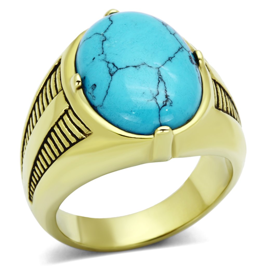 Men's stainless steel ring featuring synthetic turquoise in a sea blue color with IP gold ion plating.