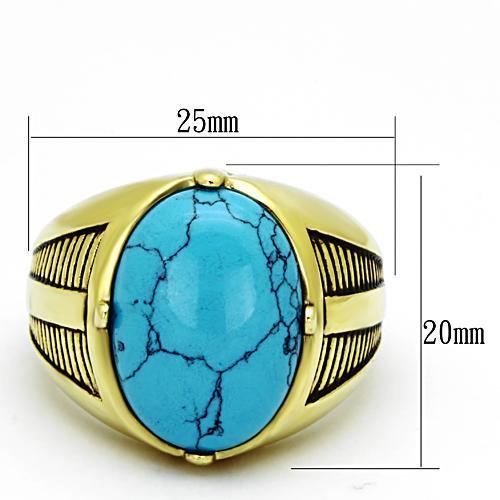 Men's stainless steel ring featuring synthetic turquoise in a sea blue color with IP gold ion plating.