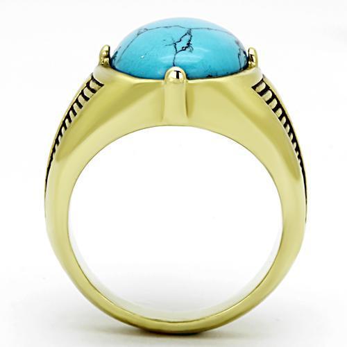 Men's stainless steel ring featuring synthetic turquoise in a sea blue color with IP gold ion plating.