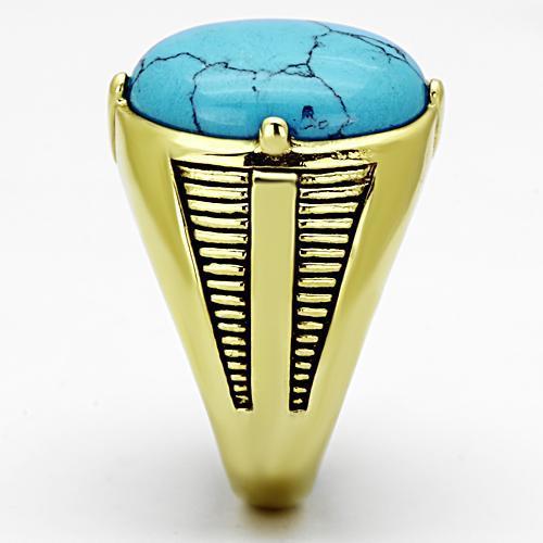 Men's stainless steel ring featuring synthetic turquoise in a sea blue color with IP gold ion plating.