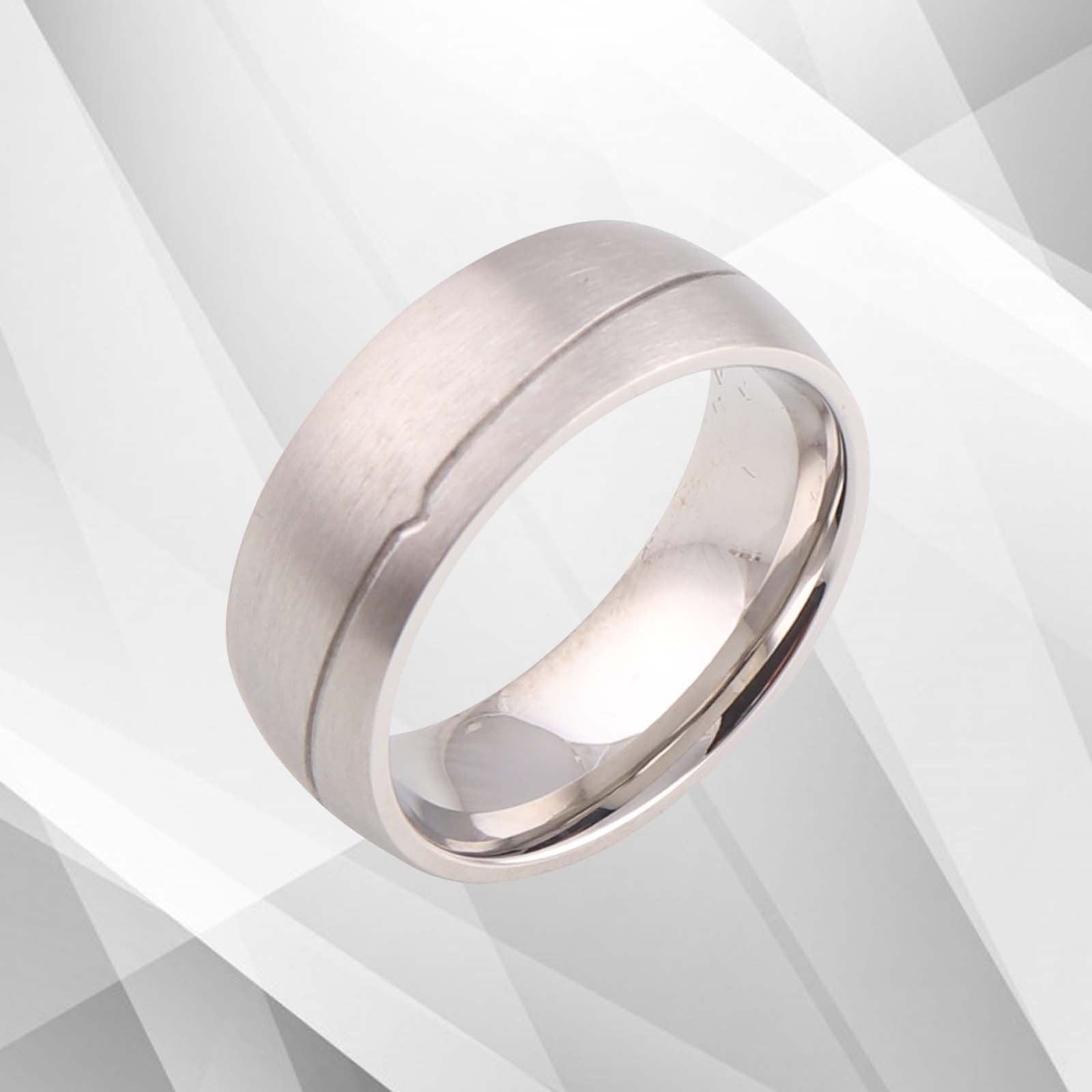 Men's 18Ct White Gold Over Titanium Wedding Band, 8mm wide brushed titanium with sparkling white gold finish, comfort fit design.