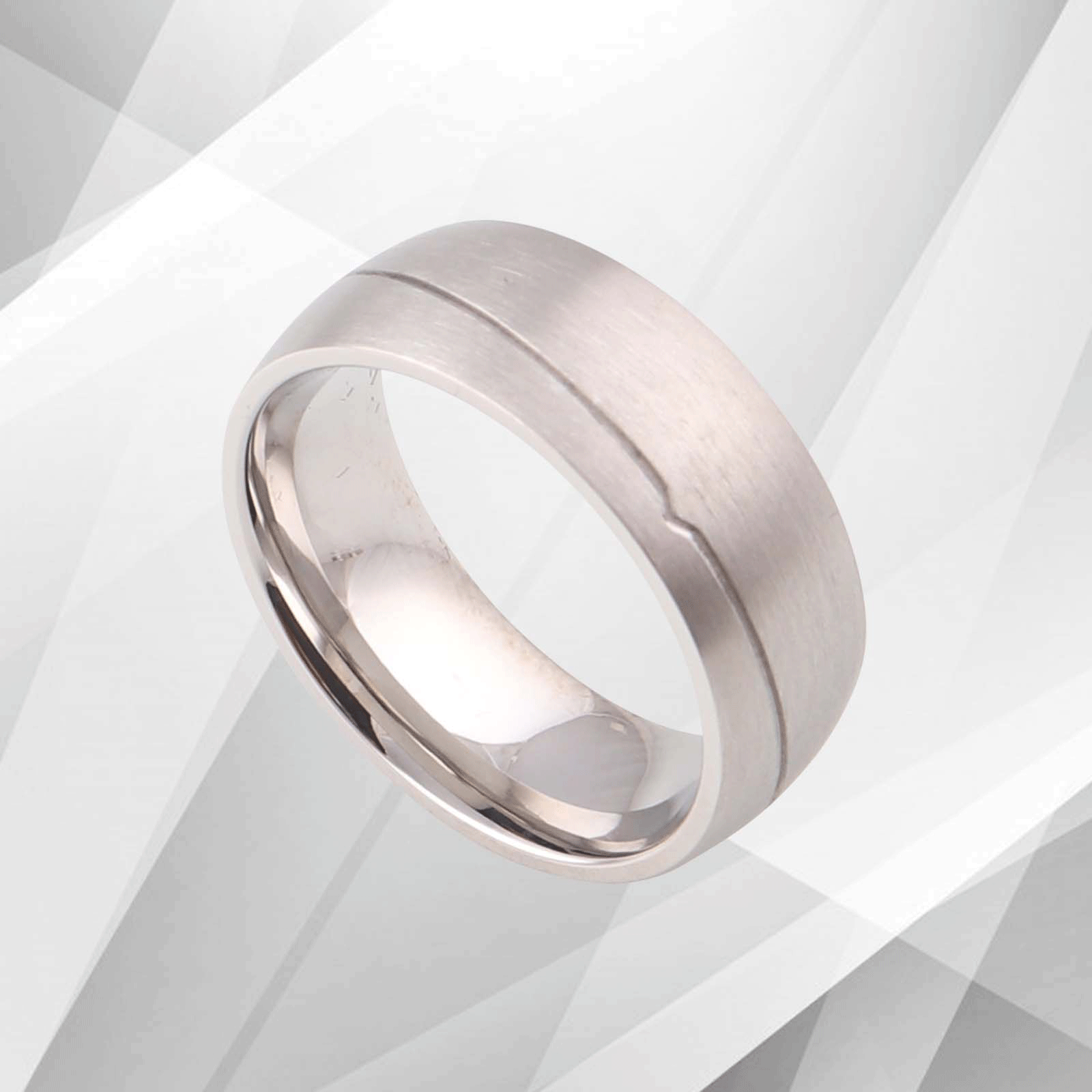 Men's 18Ct White Gold Over Titanium Wedding Band, 8mm wide brushed titanium with sparkling white gold finish, comfort fit design.