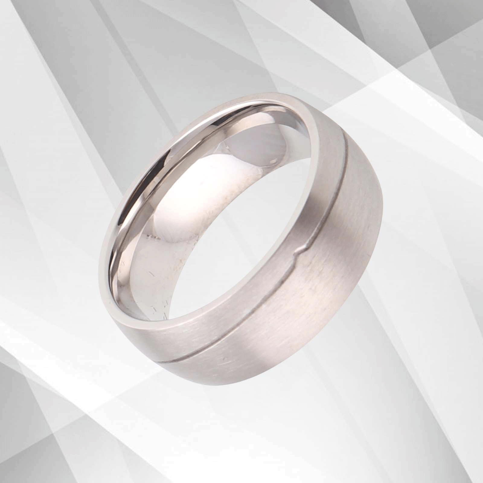 Men's 18Ct White Gold Over Titanium Wedding Band, 8mm wide brushed titanium with sparkling white gold finish, comfort fit design.