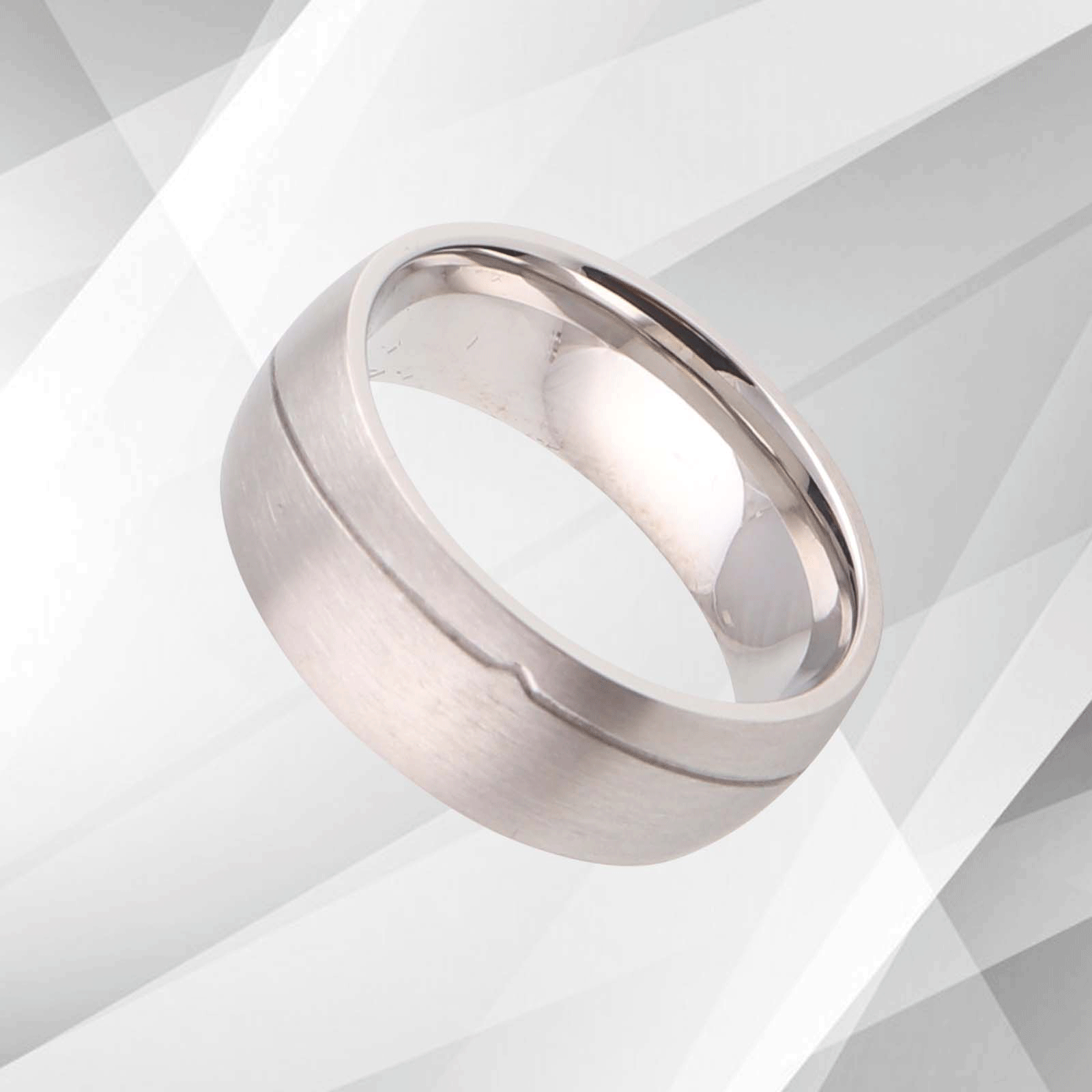 Men's 18Ct White Gold Over Titanium Wedding Band, 8mm wide brushed titanium with sparkling white gold finish, comfort fit design.