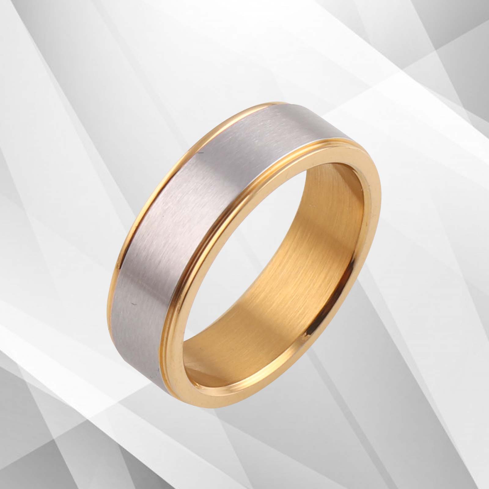 Men's 6mm wide flat titanium wedding band with 18Ct yellow and white gold finish, showcasing a modern and elegant design.
