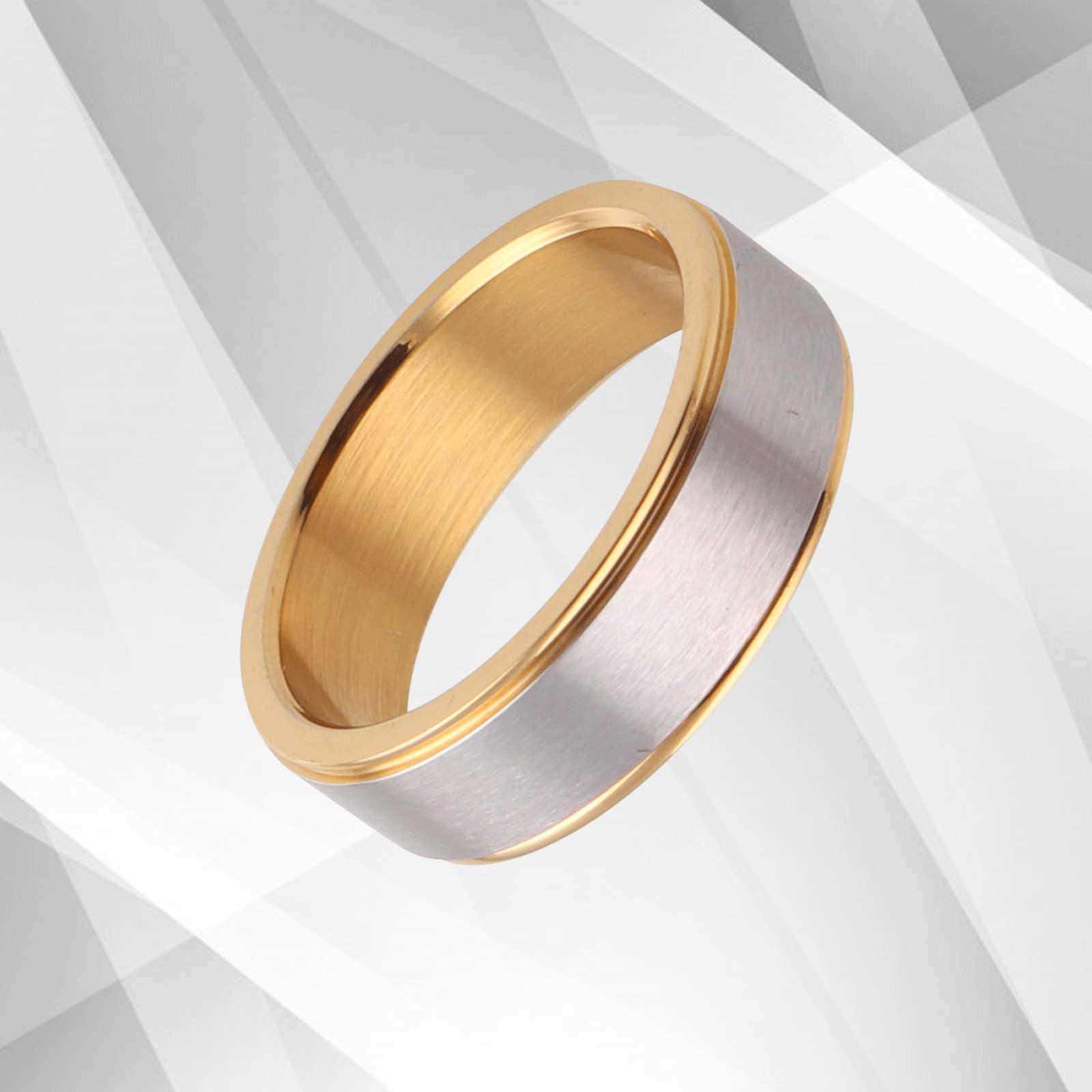Men's 6mm wide flat titanium wedding band with 18Ct yellow and white gold finish, showcasing a modern and elegant design.