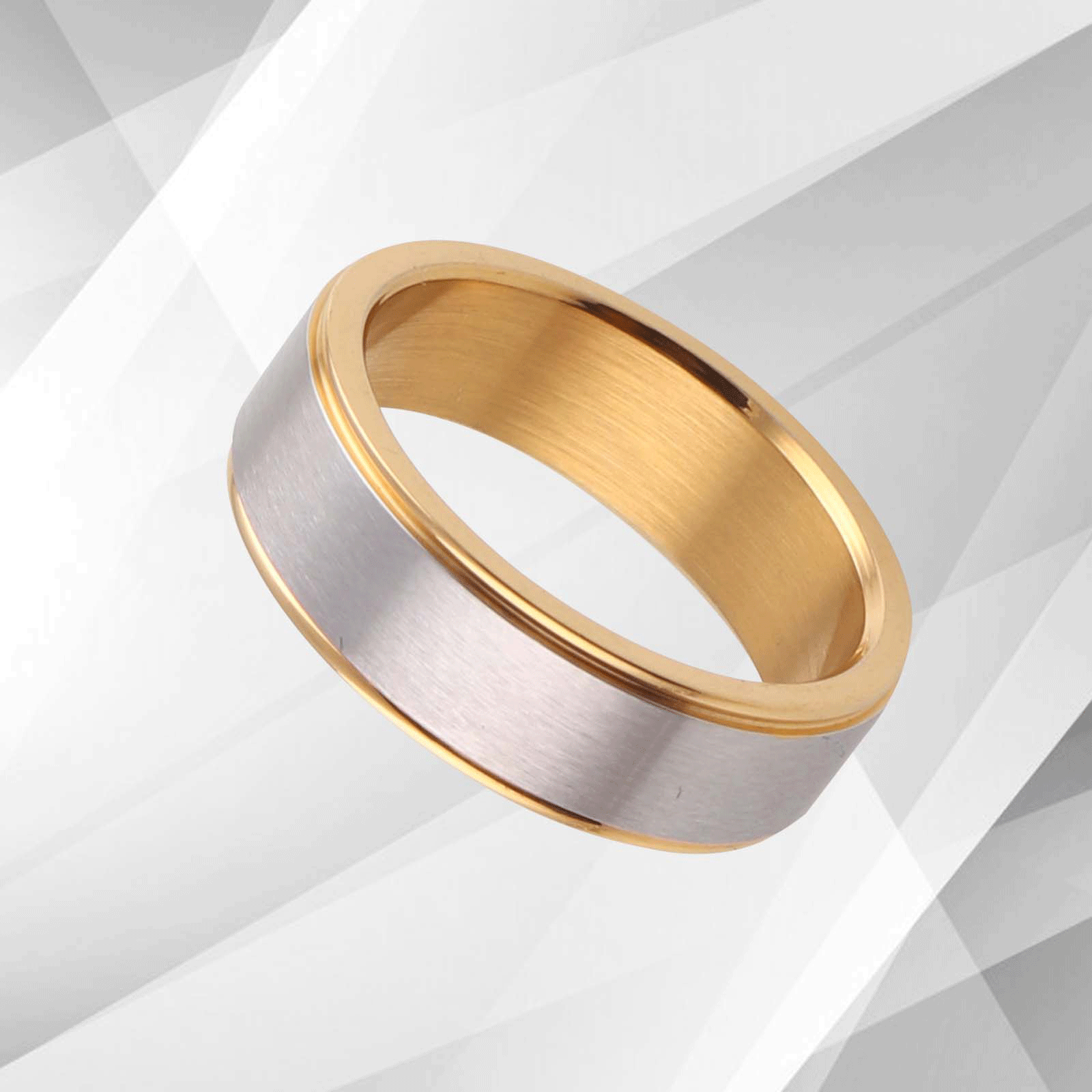 Men's 6mm wide flat titanium wedding band with 18Ct yellow and white gold finish, showcasing a modern and elegant design.