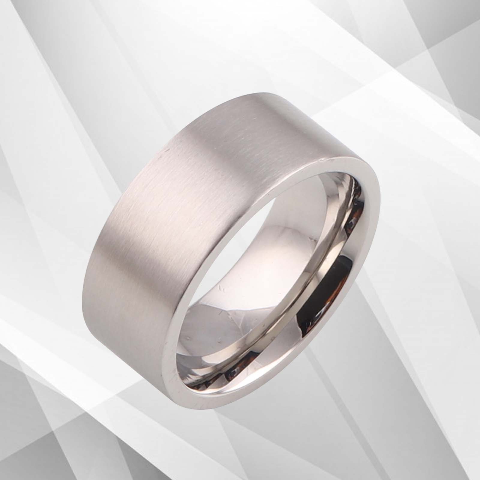 Men's Flat Titanium Wedding Band Ring with 18Ct White Gold Finish, 8mm wide, showcasing a brushed texture and comfort fit design.
