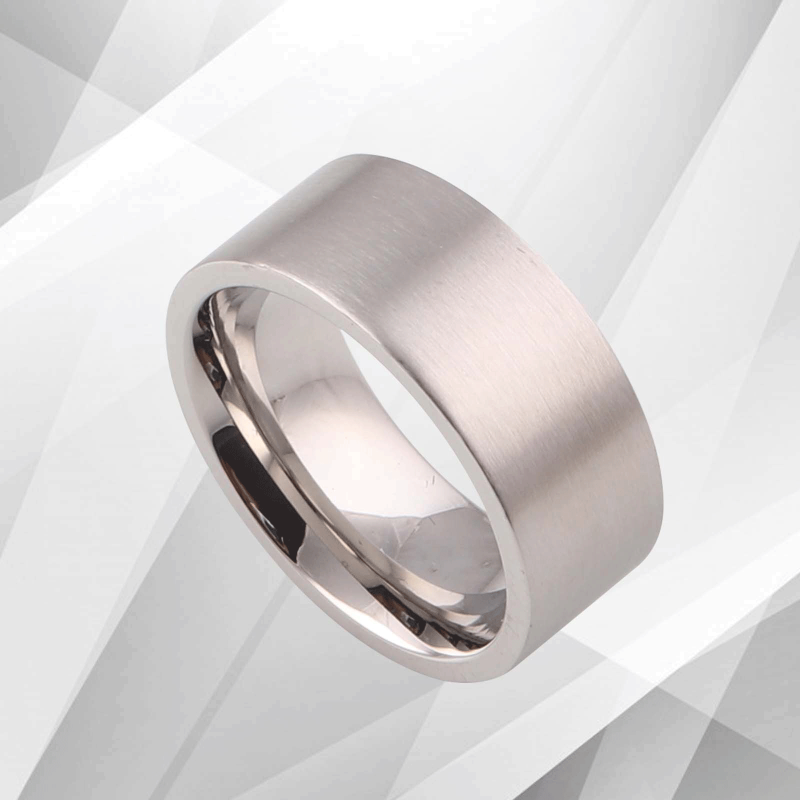 Men's Flat Titanium Wedding Band Ring with 18Ct White Gold Finish, 8mm wide, showcasing a brushed texture and comfort fit design.
