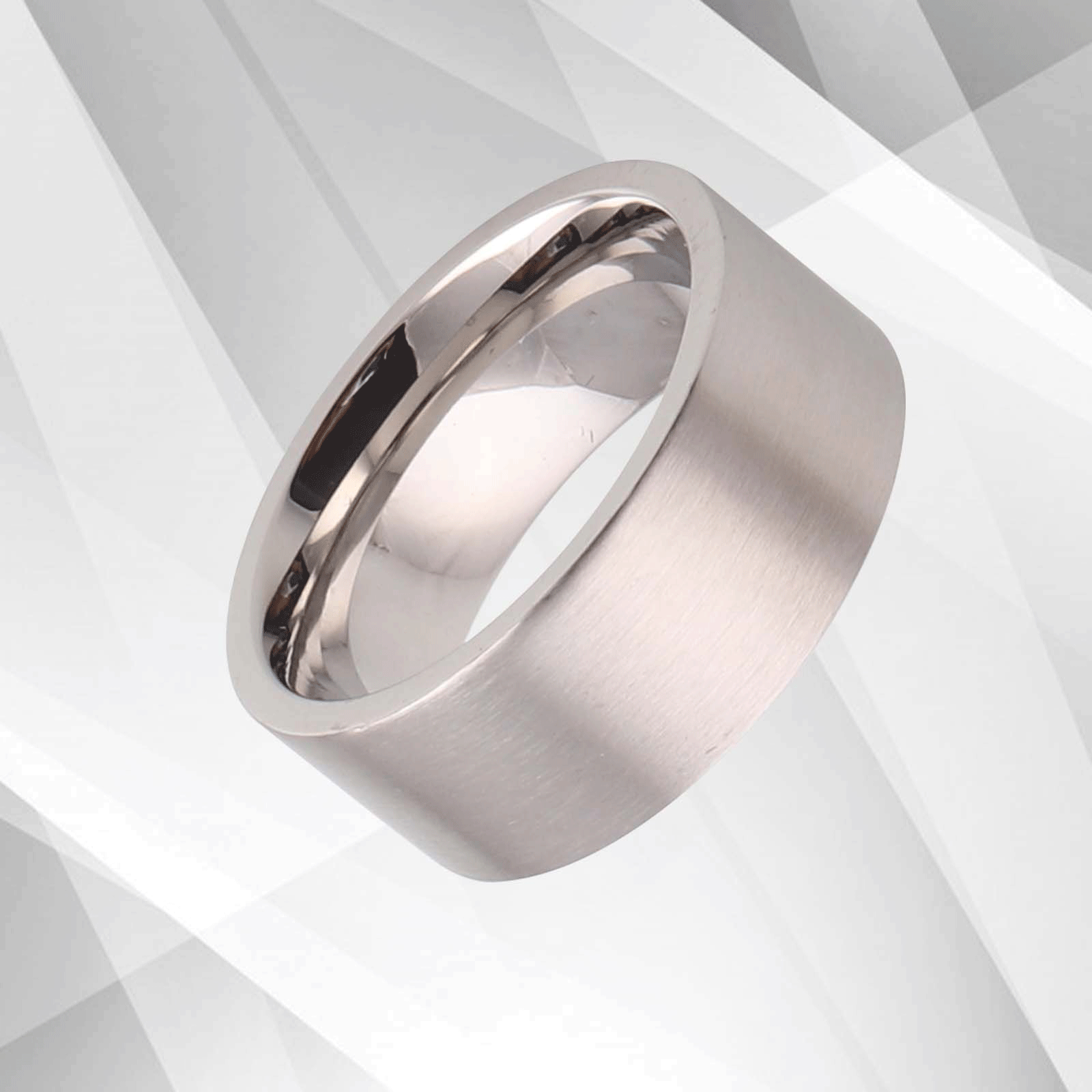 Men's Flat Titanium Wedding Band Ring with 18Ct White Gold Finish, 8mm wide, showcasing a brushed texture and comfort fit design.