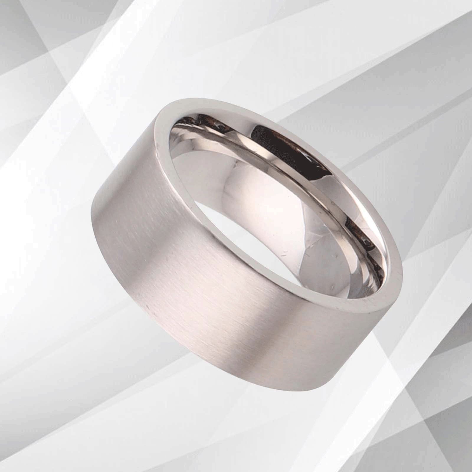 Men's Flat Titanium Wedding Band Ring with 18Ct White Gold Finish, 8mm wide, showcasing a brushed texture and comfort fit design.