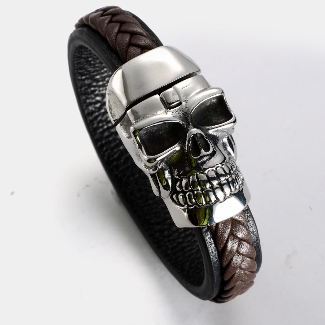 Men's stainless steel brown leather skull bracelet bangle, featuring a unique skull design and durable materials, perfect for bikers.