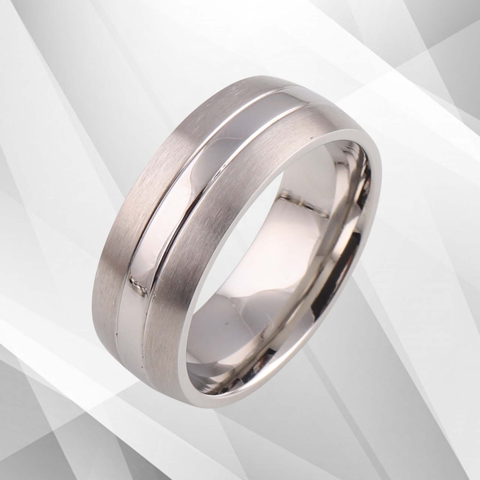 Men's Titanium Wedding Anniversary Band Ring with D-shaped design and 18Ct white gold finish, showcasing a brushed texture and comfort fit.