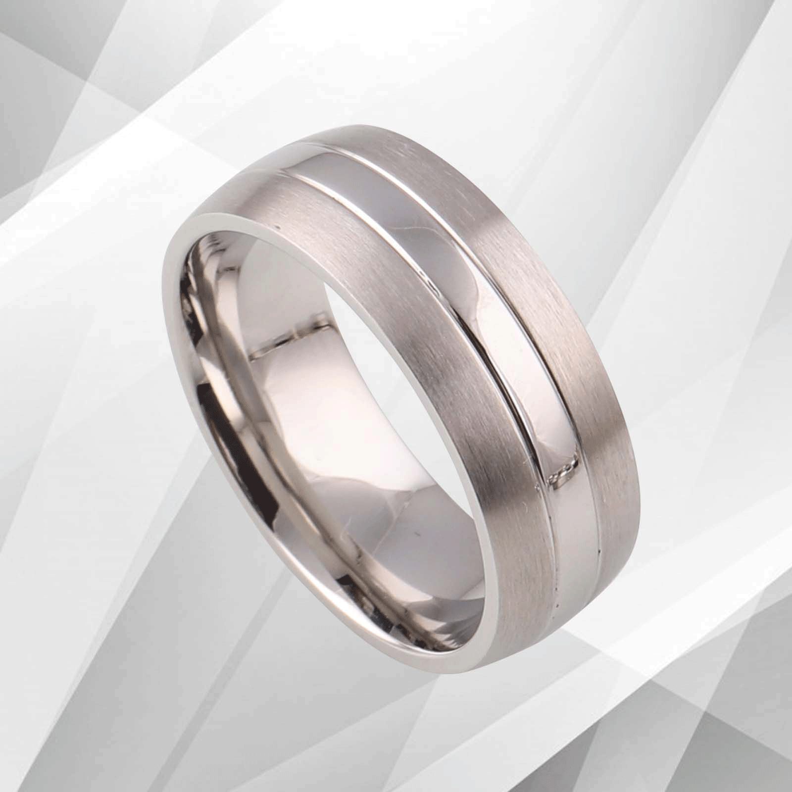 Men's Titanium Wedding Anniversary Band Ring with D-shaped design and 18Ct white gold finish, showcasing a brushed texture and comfort fit.