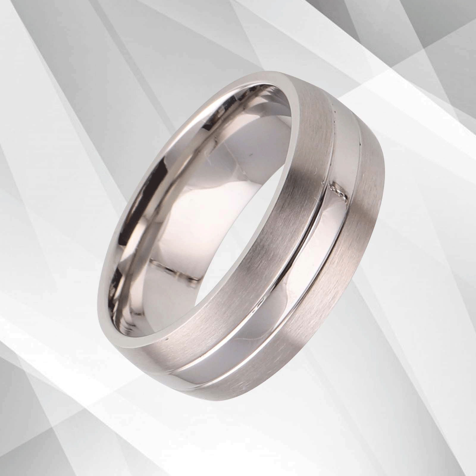 Men's Titanium Wedding Anniversary Band Ring with D-shaped design and 18Ct white gold finish, showcasing a brushed texture and comfort fit.