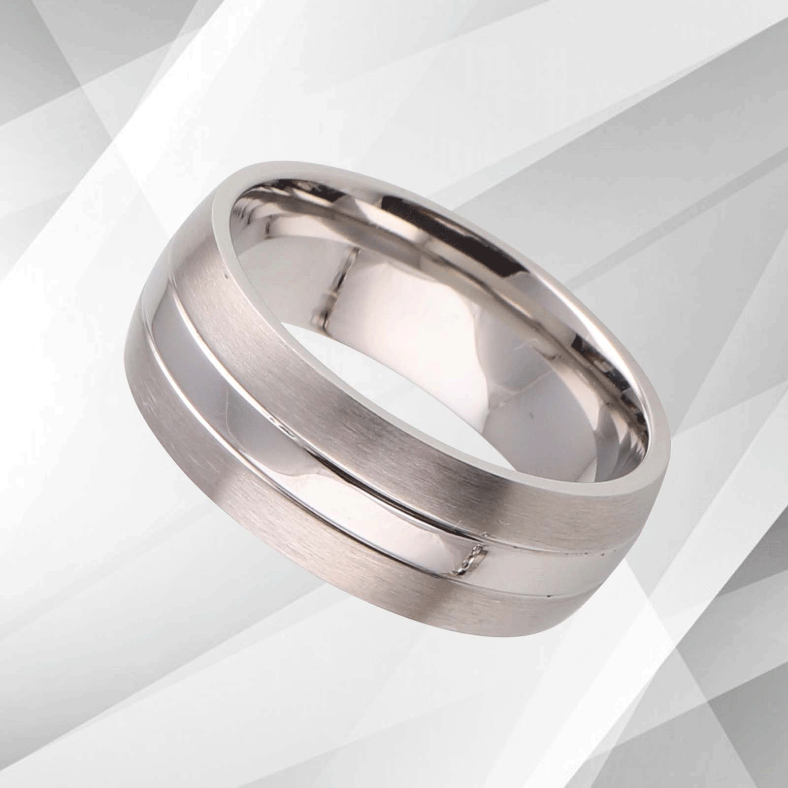 Men's Titanium Wedding Anniversary Band Ring with D-shaped design and 18Ct white gold finish, showcasing a brushed texture and comfort fit.