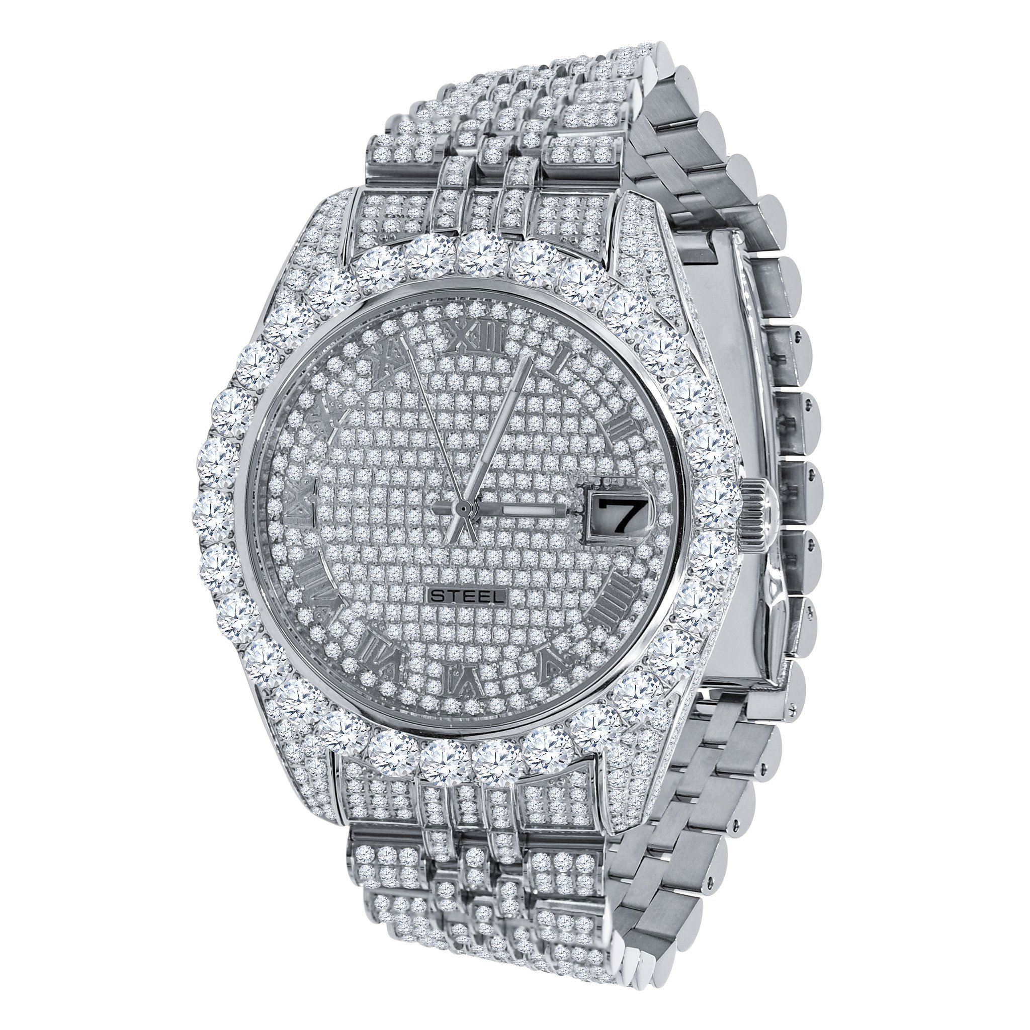 METEORITE STEEL WATCH featuring a fully iced stainless steel design with cubic zircon embellishments, showcasing luxury and elegance.