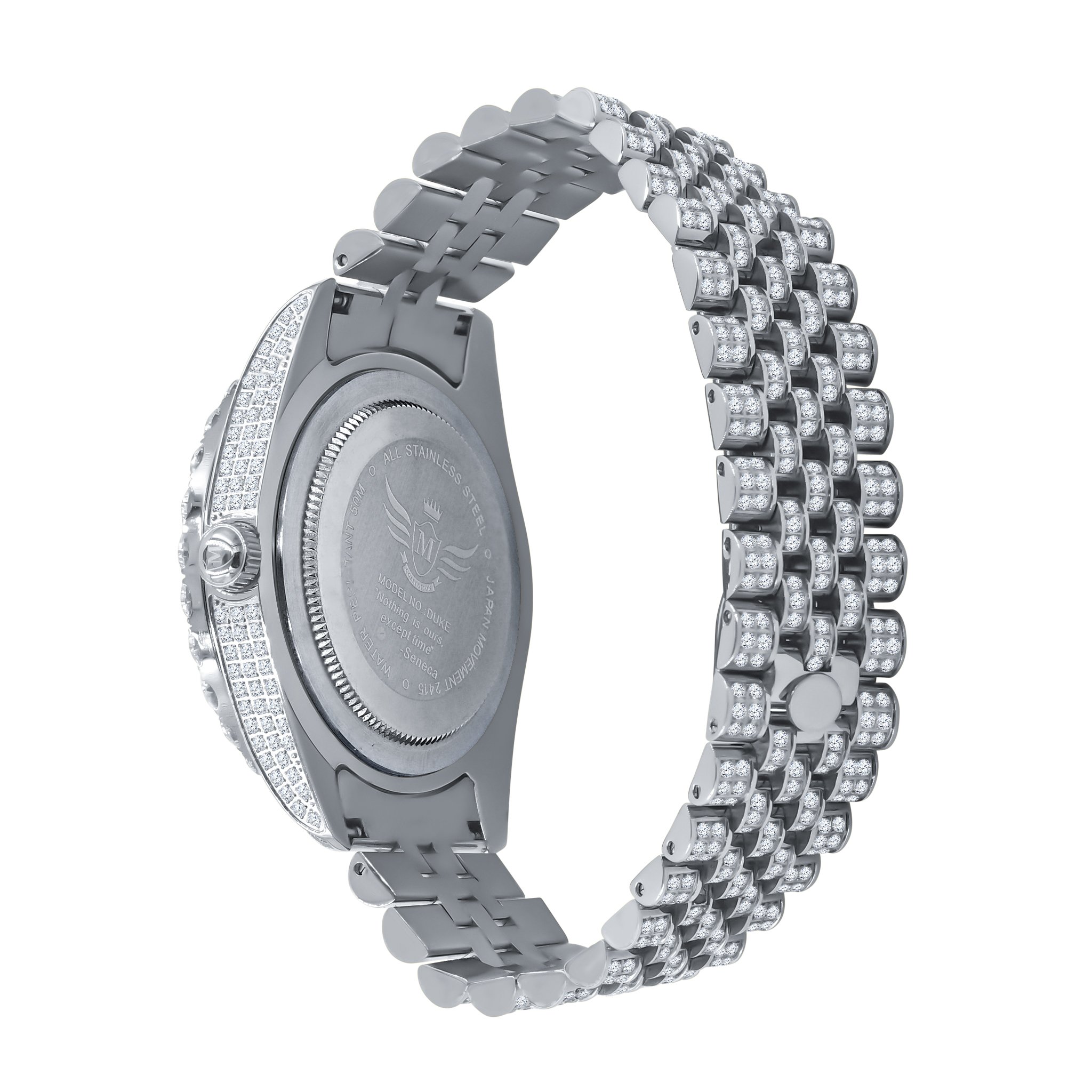METEORITE STEEL WATCH featuring a fully iced stainless steel design with cubic zircon embellishments, showcasing luxury and elegance.