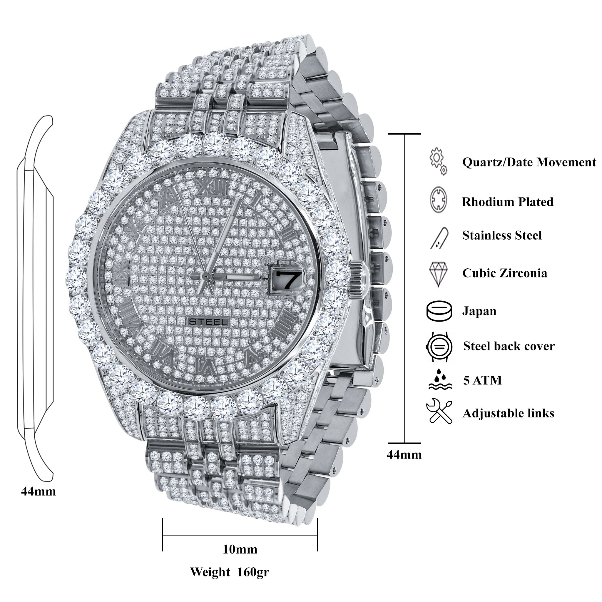 METEORITE STEEL WATCH featuring a fully iced stainless steel design with cubic zircon embellishments, showcasing luxury and elegance.