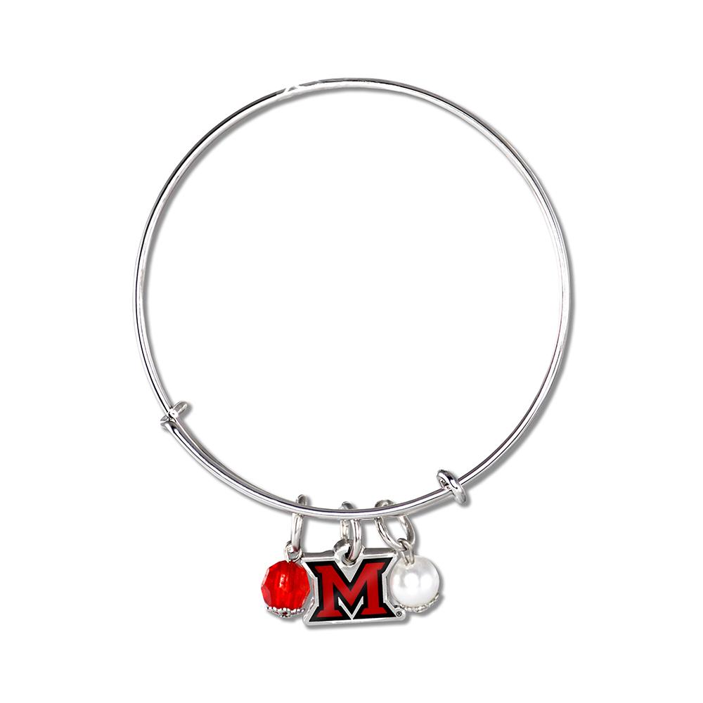 Miami University Ohio RedHawks Logo Charm Bangle Bracelet featuring a logo charm, red rhinestone, and white imitation pearl.