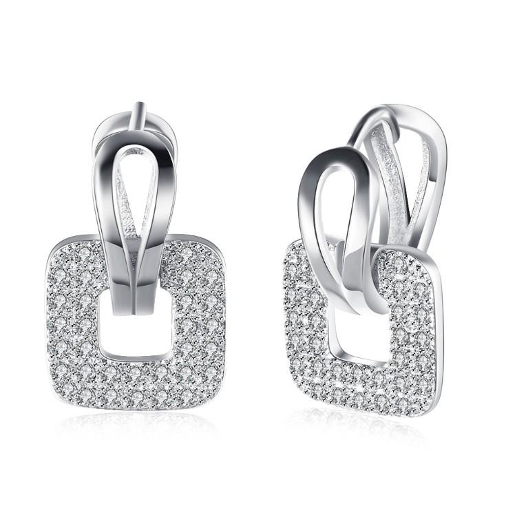 Micro-Pav'e Crystal Square Shaped Earrings in 18K White Gold, featuring sparkling crystals and a butterfly backing for secure wear.