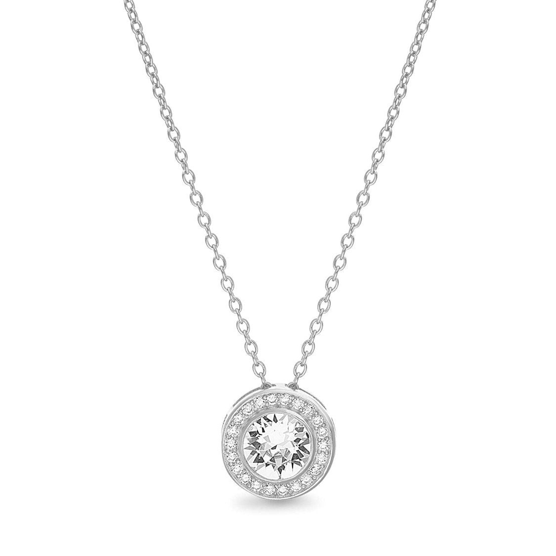 Micro-Pav'e Round Halo Necklace featuring Swarovski Elements, 18K gold plating, and a white crystal pendant.