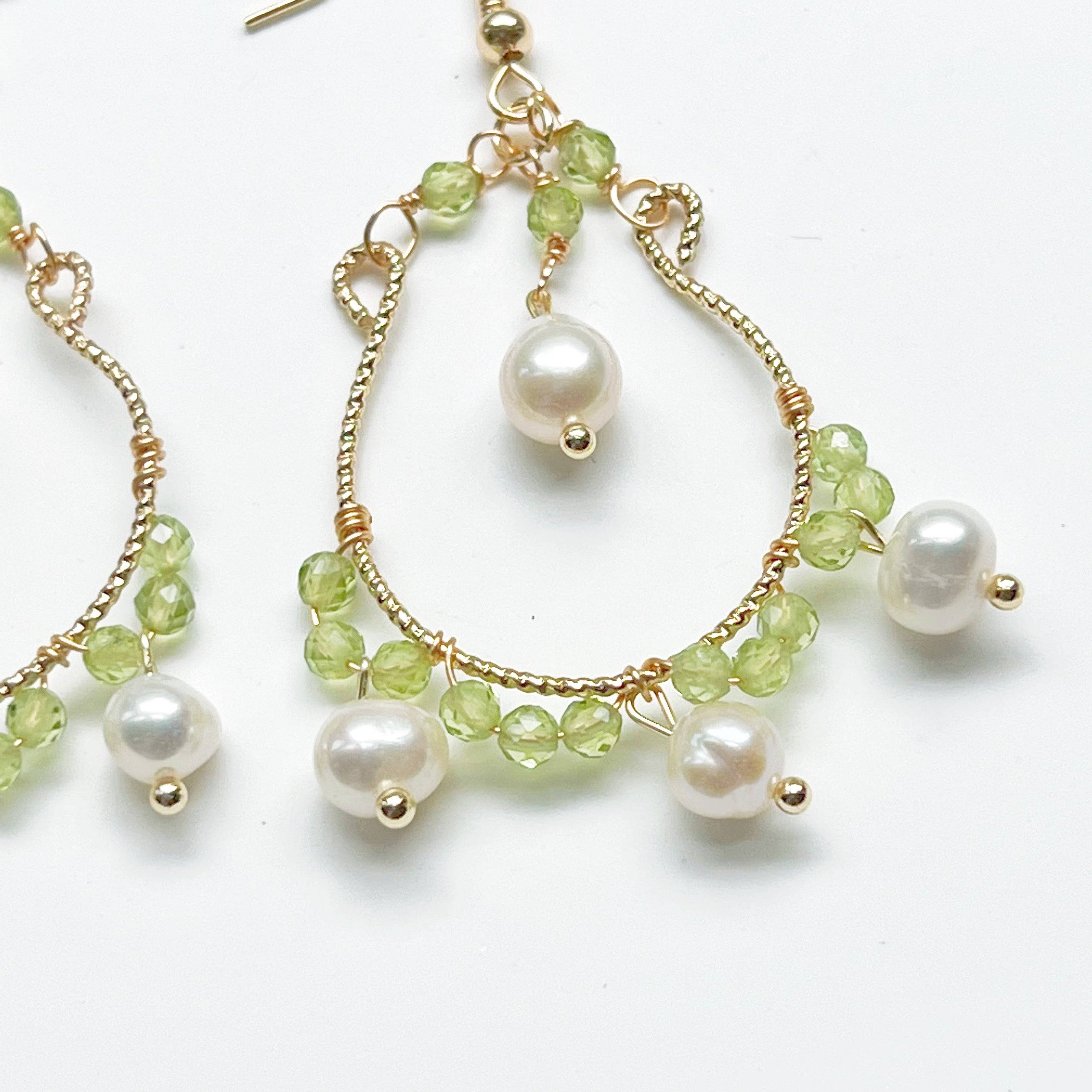 Mini Peridot and Pearl Drop Earrings featuring natural green peridot beads and baroque freshwater pearls on sterling silver ear wires.
