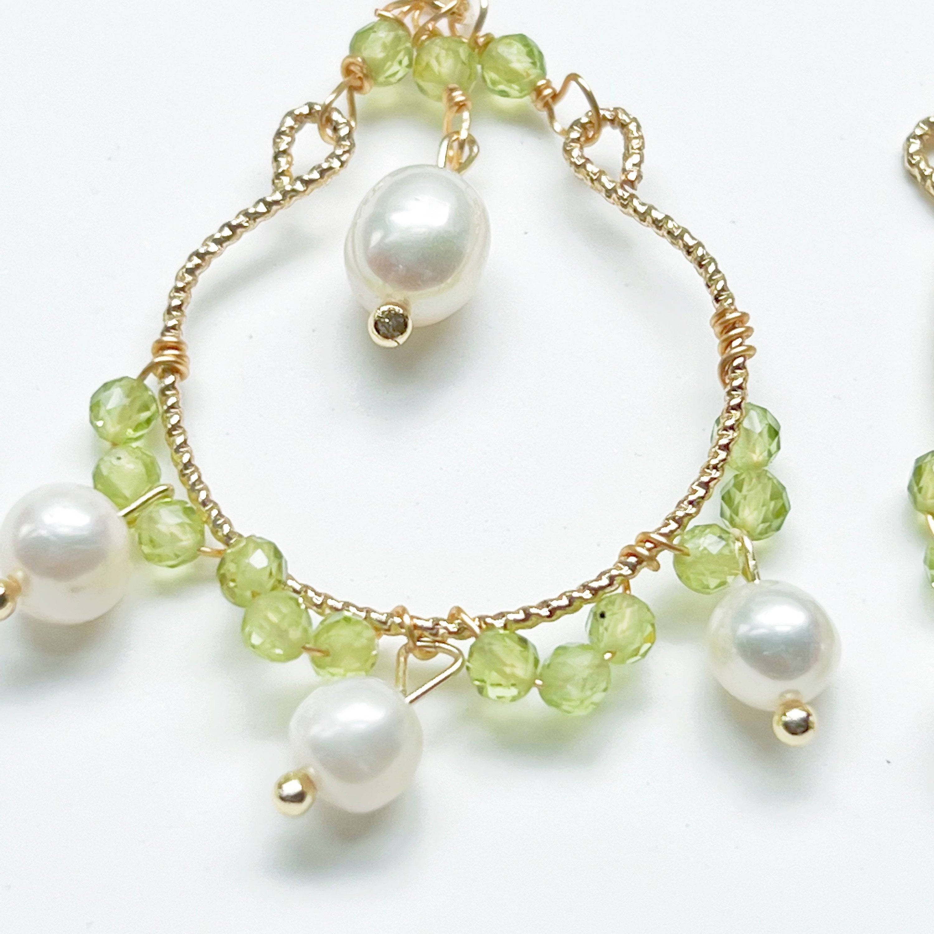 Mini Peridot and Pearl Drop Earrings featuring natural green peridot beads and baroque freshwater pearls on sterling silver ear wires.