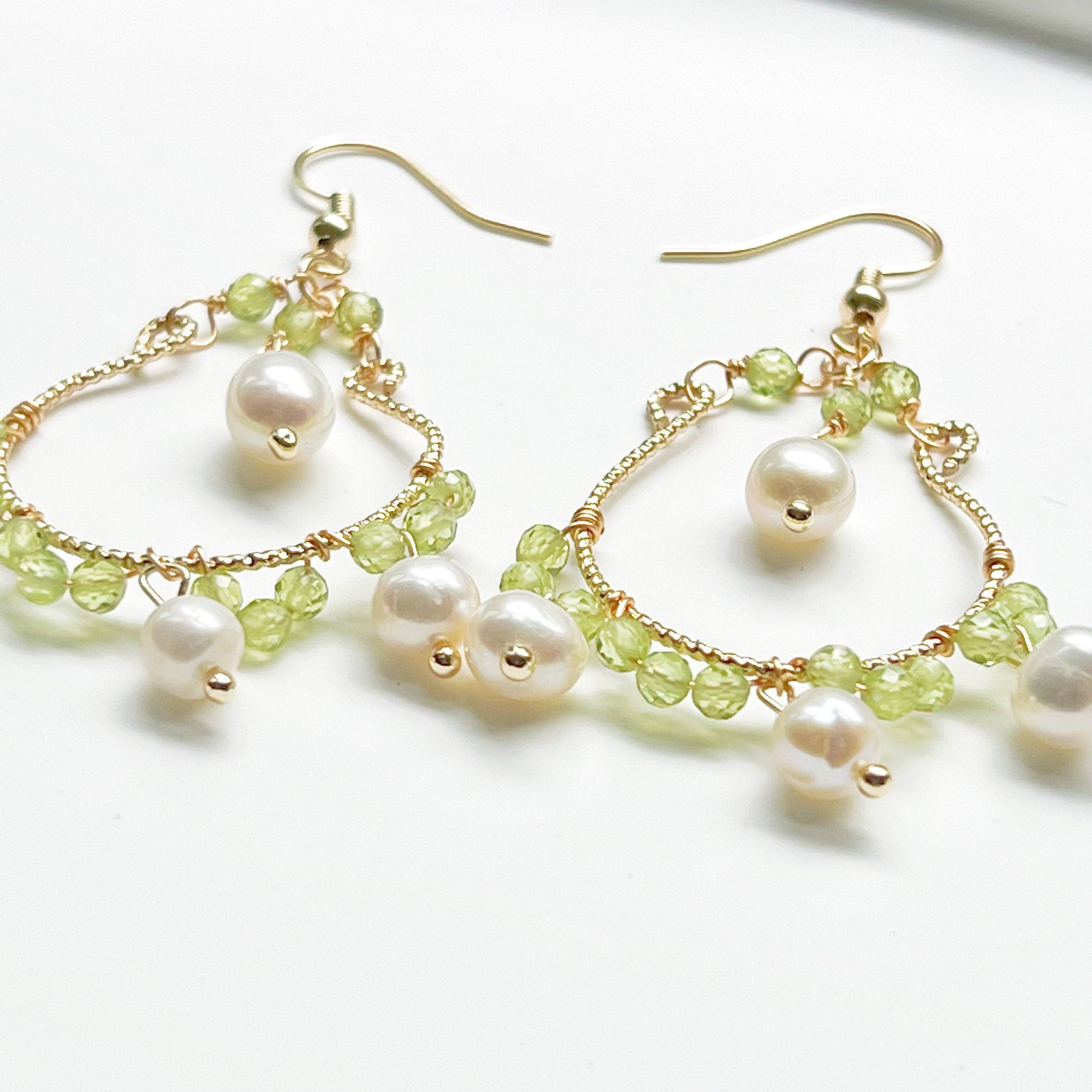 Mini Peridot and Pearl Drop Earrings featuring natural green peridot beads and baroque freshwater pearls on sterling silver ear wires.