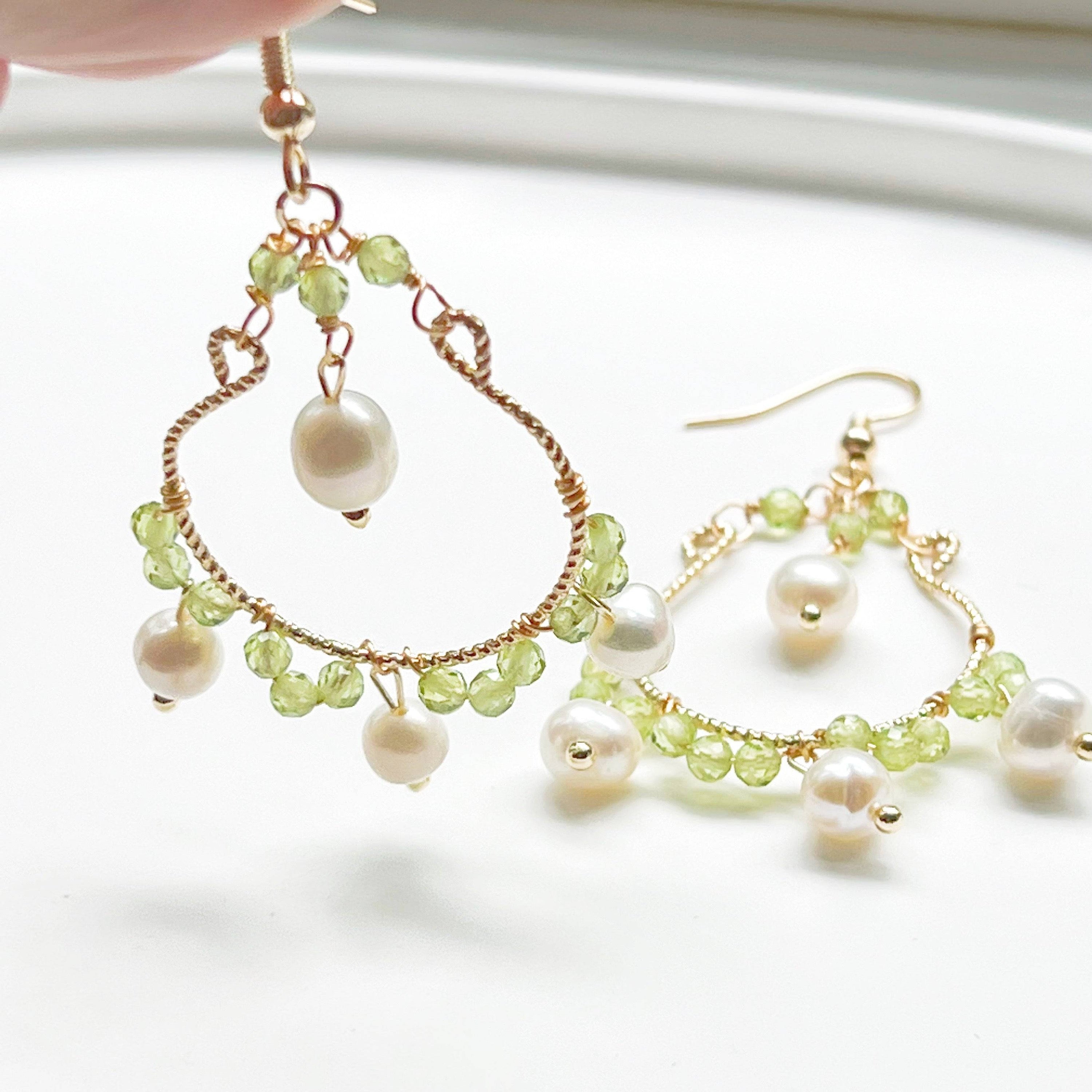 Mini Peridot and Pearl Drop Earrings featuring natural green peridot beads and baroque freshwater pearls on sterling silver ear wires.