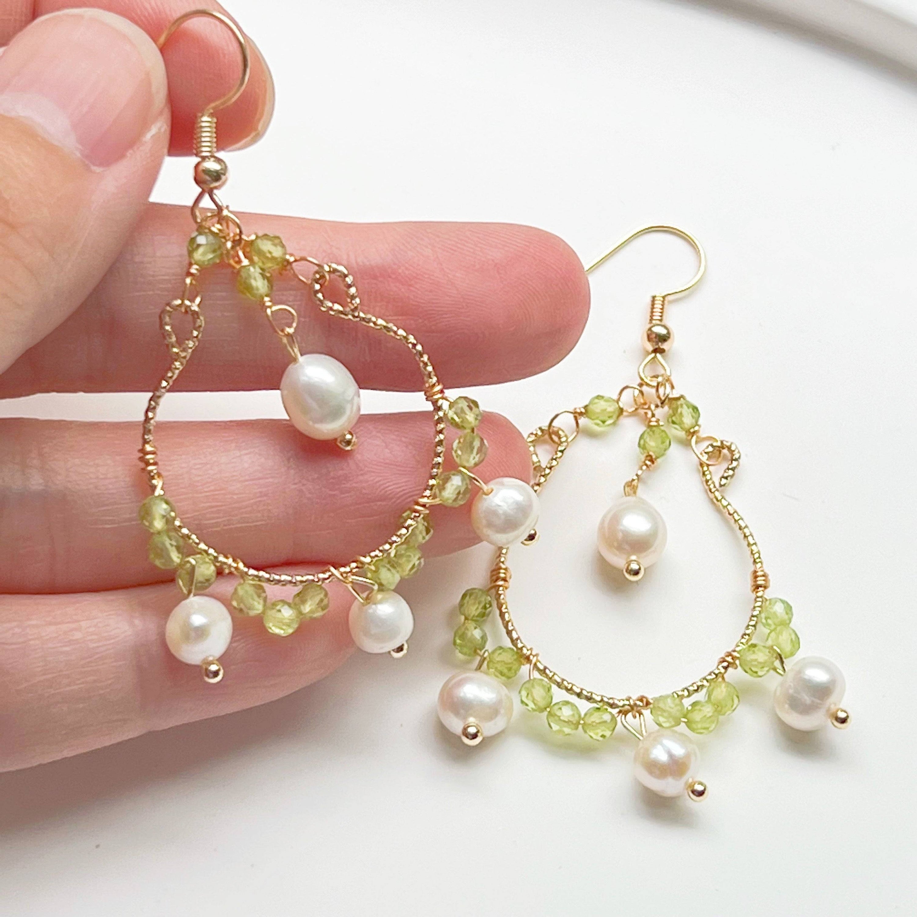 Mini Peridot and Pearl Drop Earrings featuring natural green peridot beads and baroque freshwater pearls on sterling silver ear wires.