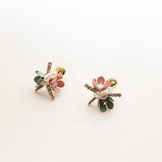 A pair of Mini Spring Flower Bouquet Earrings featuring sterling silver studs, adorned with mini crystals and pearls in a floral design.