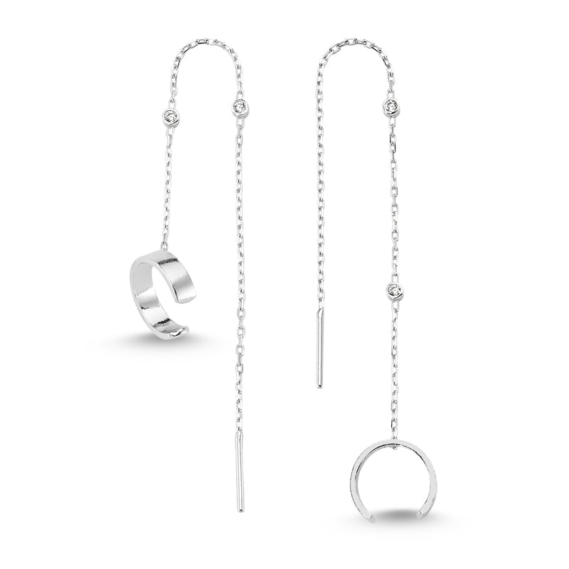 Minimalist Cartilage Cuff Threader Earrings featuring a silver chain and clear CZ crystals, elegantly designed for a stylish look.