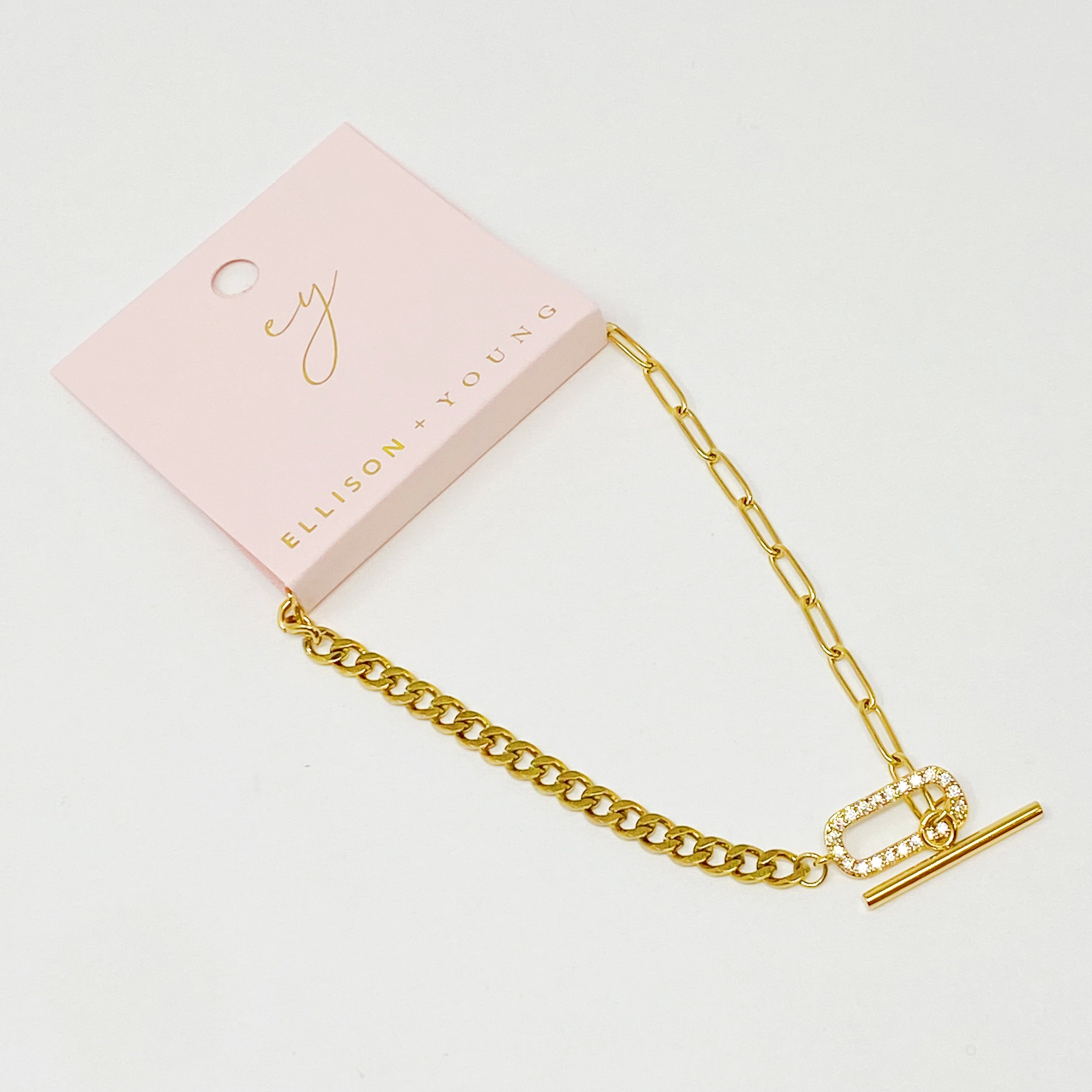 A stylish Mixed Chain Glam Toggle Anklet featuring two different chains and a cubic zirconia toggle closure, perfect for any occasion.