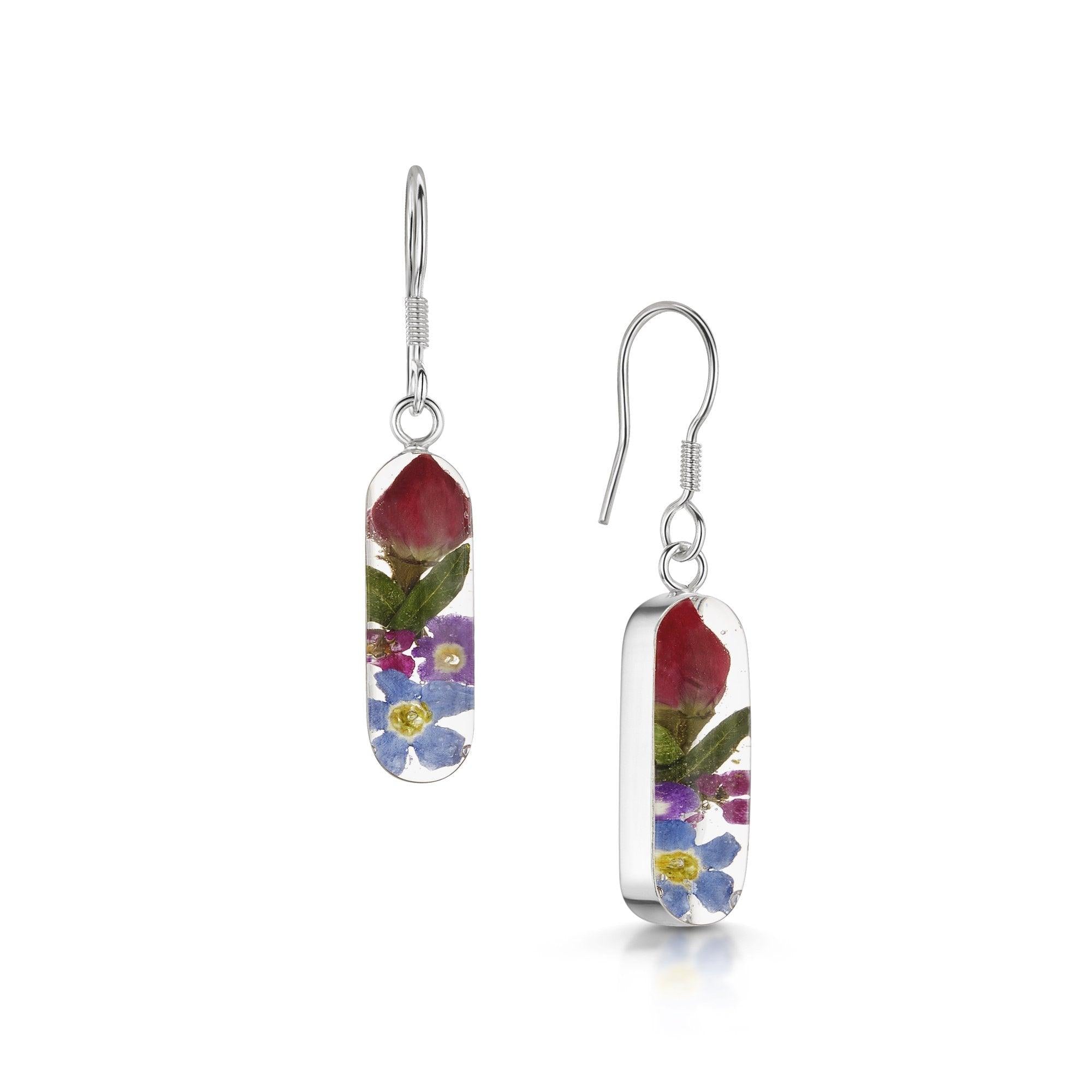 Elegant mixed flower drop earrings 'Leela' featuring real flowers in a vertical bar design, handmade with sterling silver.
