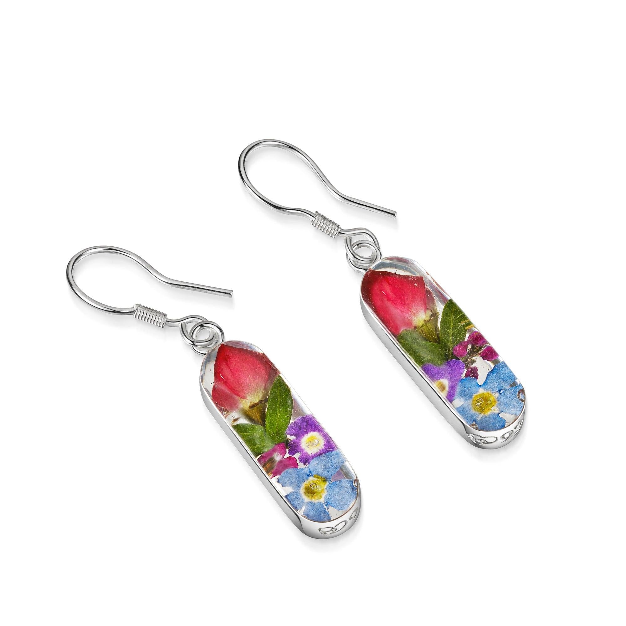 Elegant mixed flower drop earrings 'Leela' featuring real flowers in a vertical bar design, handmade with sterling silver.